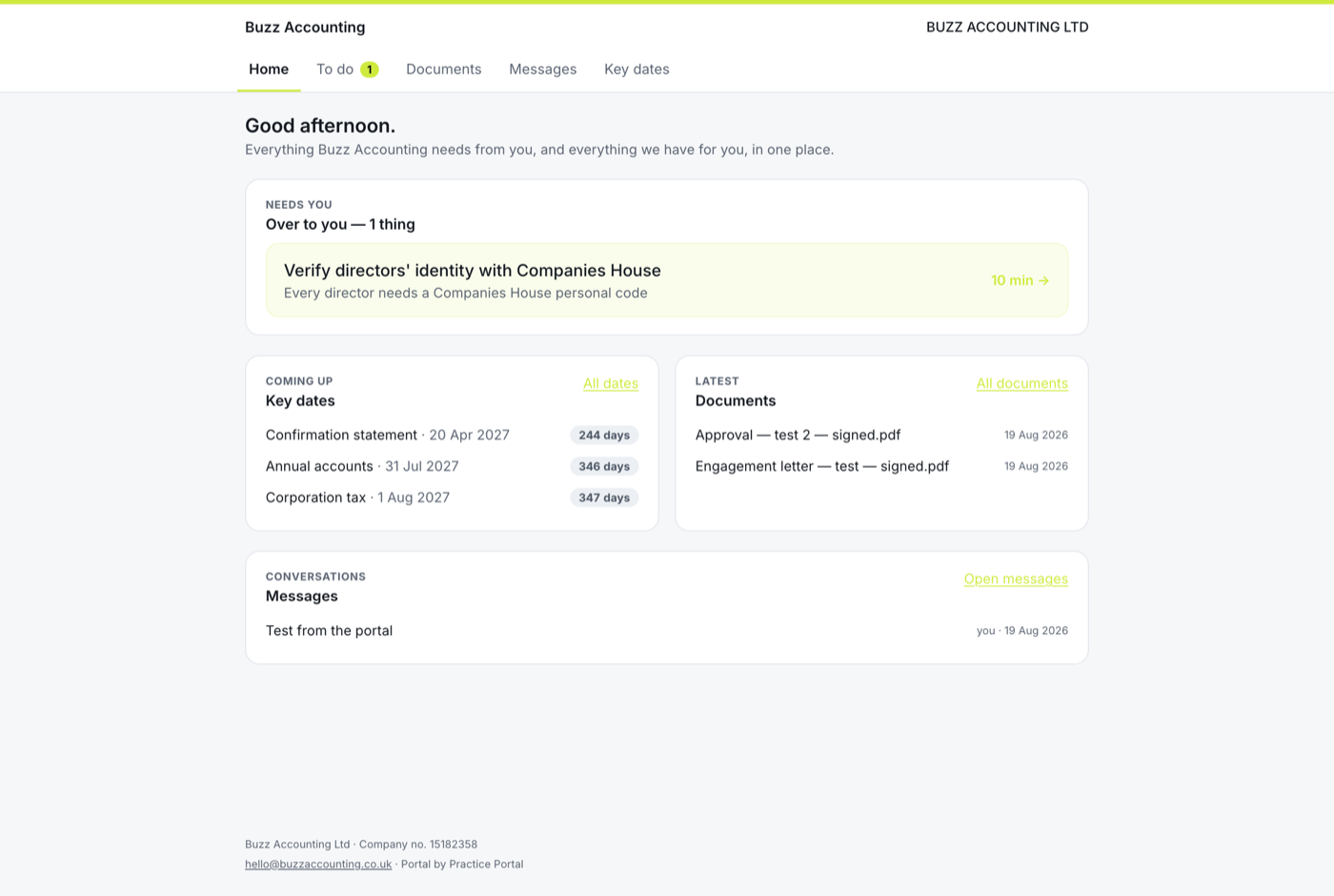 A client's view of the portal: what needs them, key dates, documents and messages, in the firm's colours